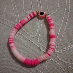 Pink Clay Beaded Bracelet W/ Evil Eye Charm